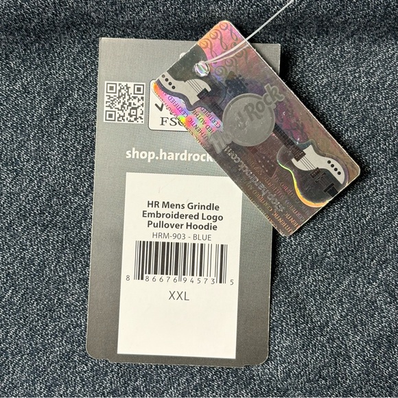 Hard Rock Mens XXL 2XL Embroidered Logo Hoodie Pullover Denim Blue Fleece Lined - Picture 13 of 13